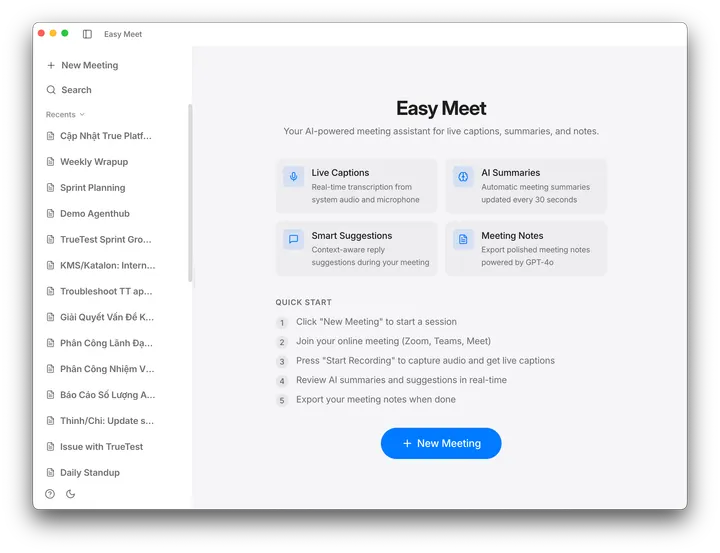 Easy Meet app showing live meeting captions and summaries