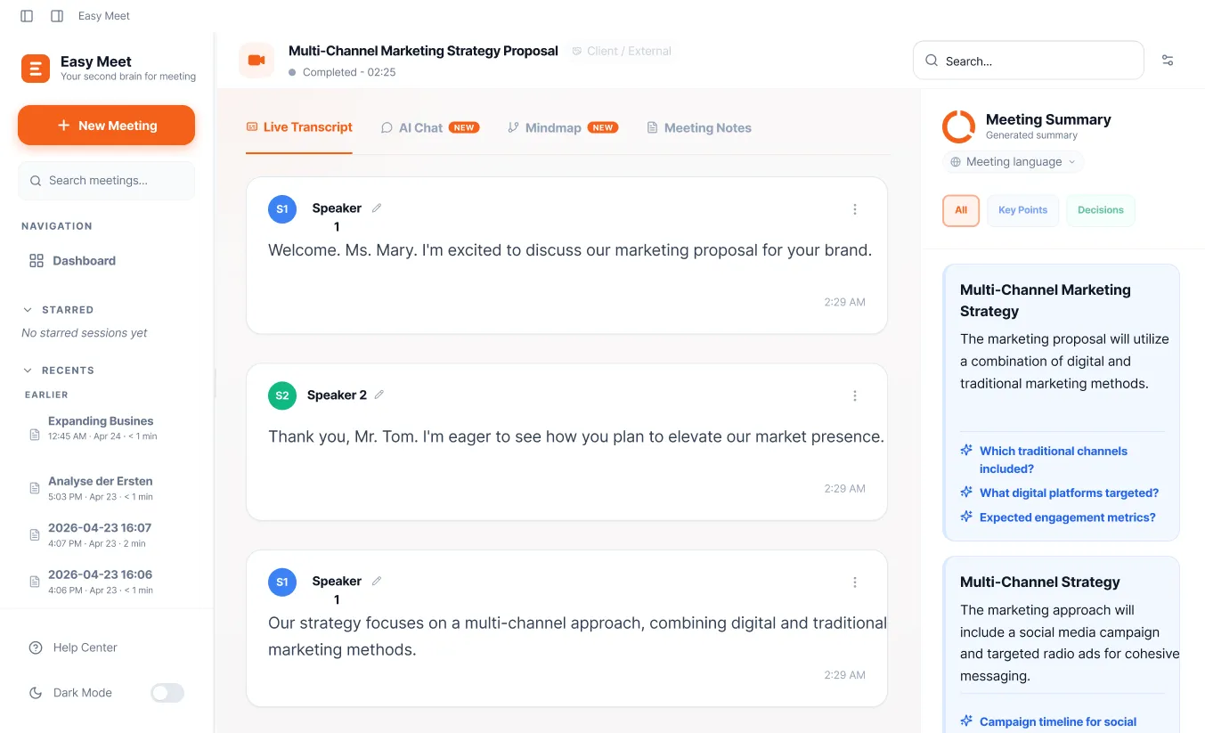 Easy Meet app showing live meeting captions and summaries