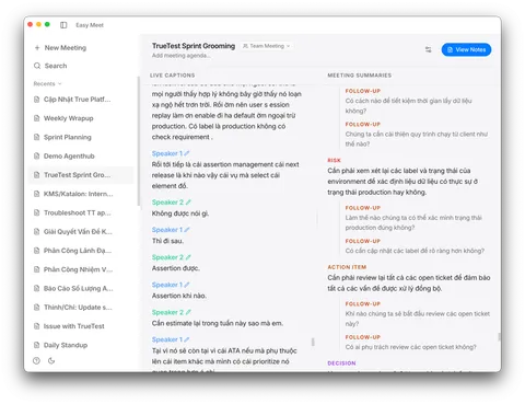 Easy Meet showing live meeting summaries updating in real time